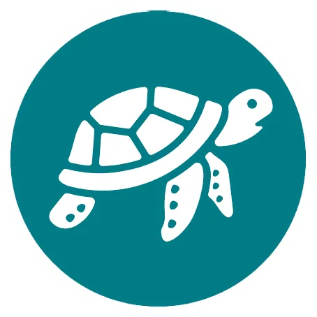 Icône stylisée d'une tortue blanche sur fond turquoise circulaire, symbole lié à Nusa Penida et à la protection des tortues marines.